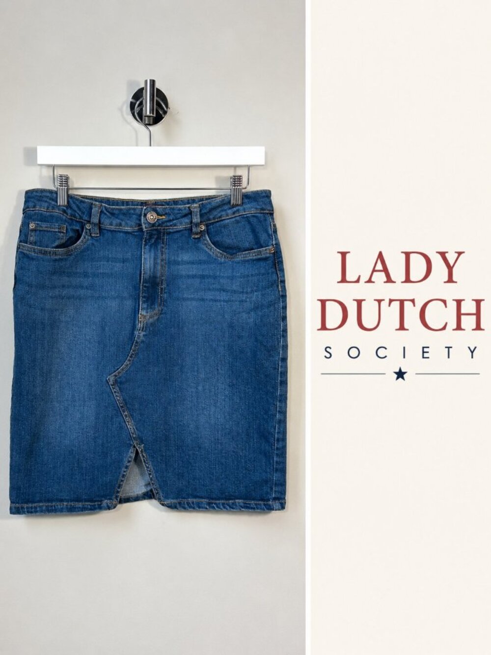 Lady Dutch Society Women’s Denim Pencil Skirt Size L Blue Jean Midi Skirt Front